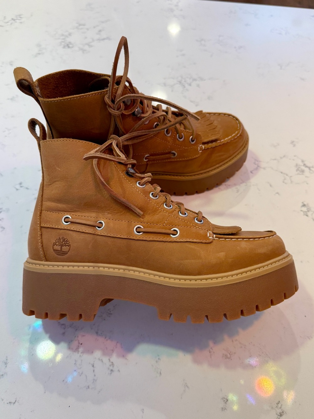 Timberland Women's Stone Street Platform Kiltie Boat Shoe Boot Wheat 8.5